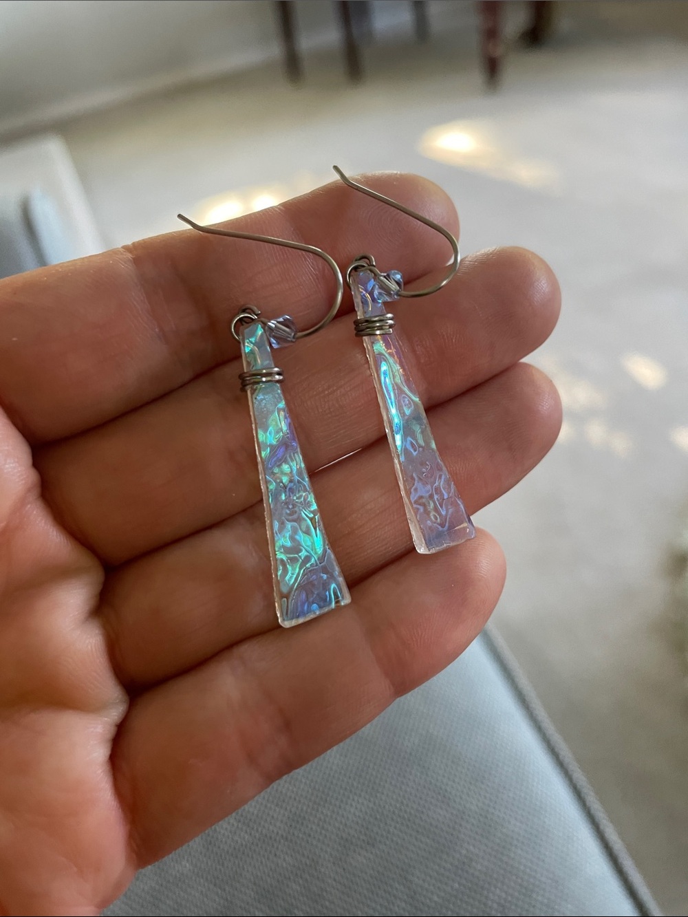 Handmade Iridescent Art Glass Drop Earrings - Purple Blue